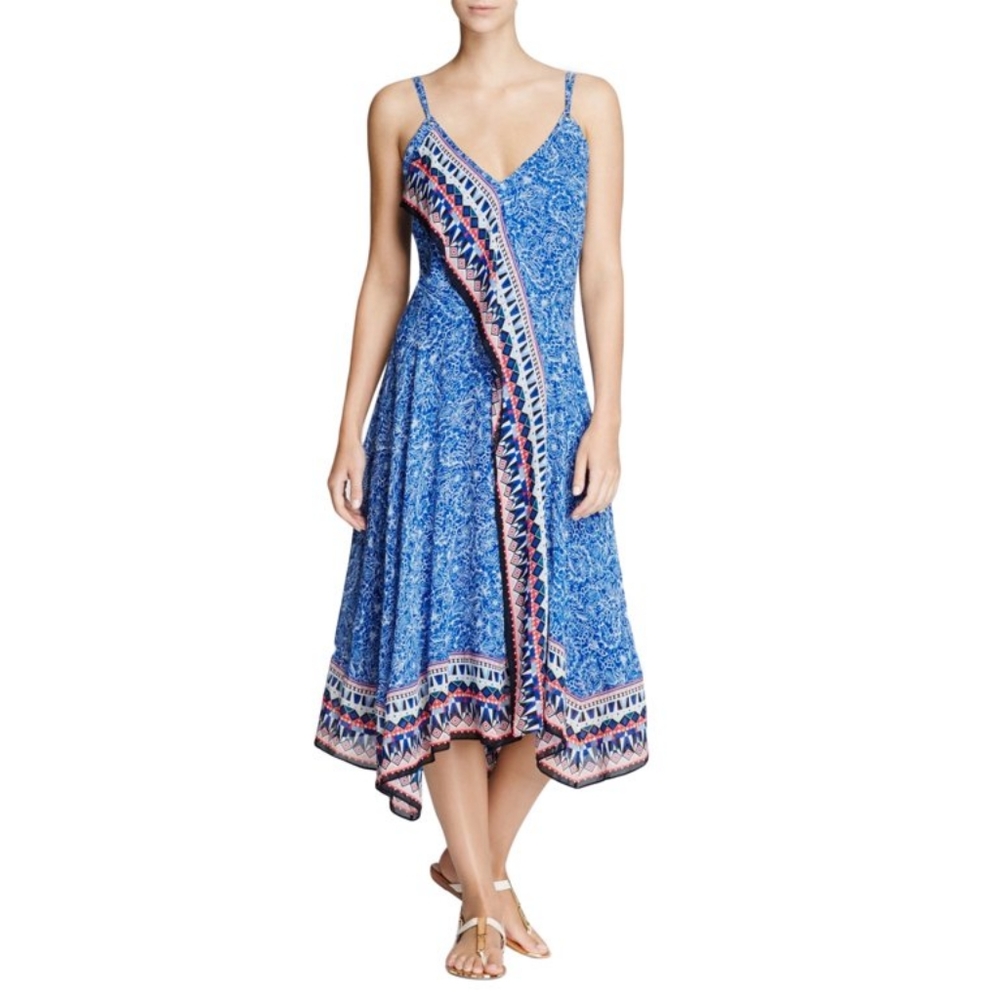 French Connection Blue Boho Dress Printed Sleeveless Midi Sundress. Size 4
